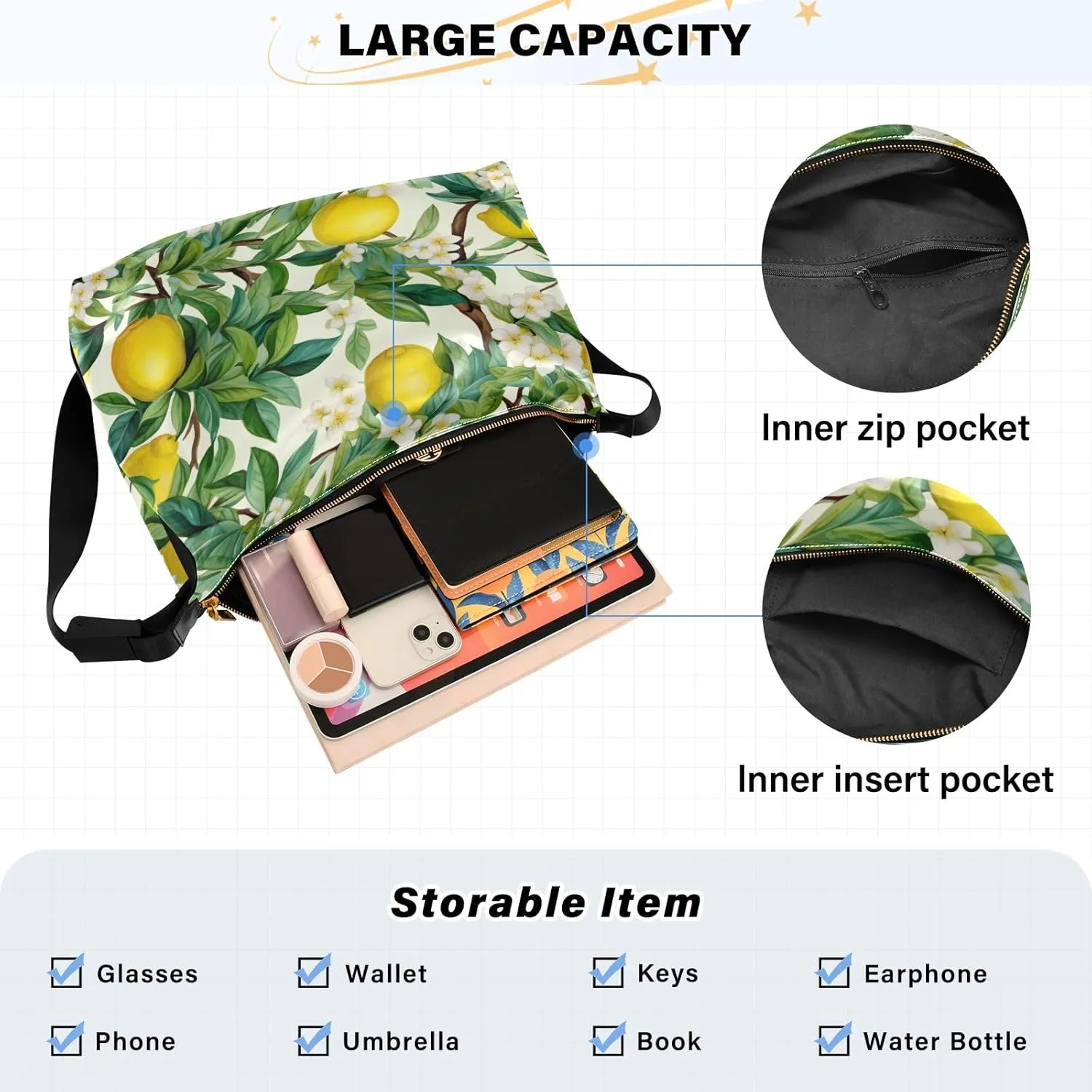 Lemons in Watercolor Tree Vegan Crossbody Bag, Faux Leather Bag, Men Shoulder Bags