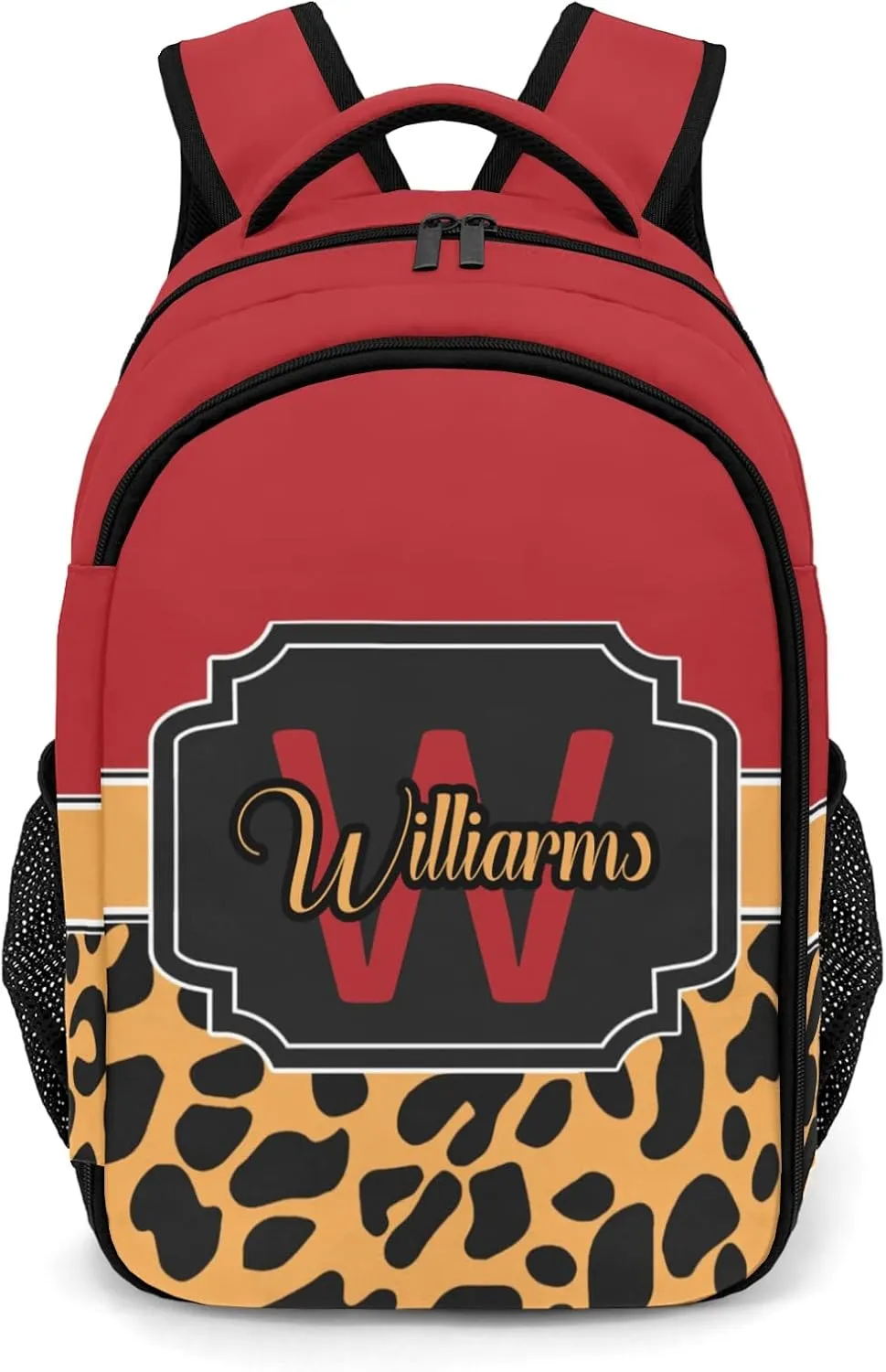 Leopard Print Red Orange Backpack Custom Name Large Capacity Shoulder Bags for Sports Party