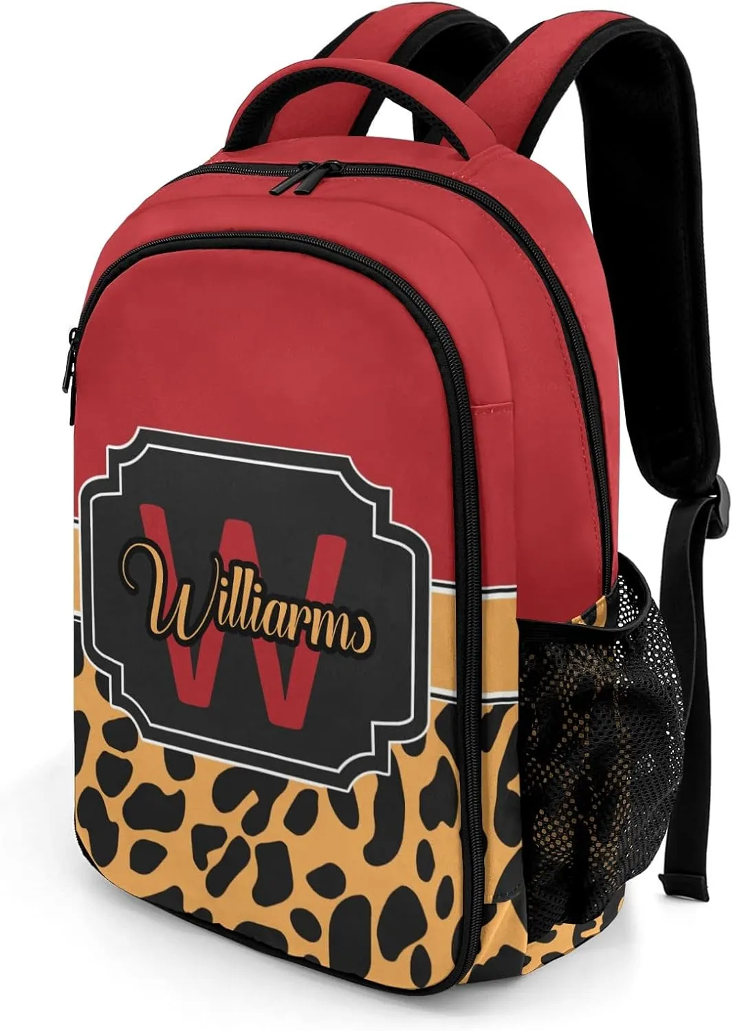 Leopard Print Red Orange Backpack Custom Name Large Capacity Shoulder Bags for Sports Party