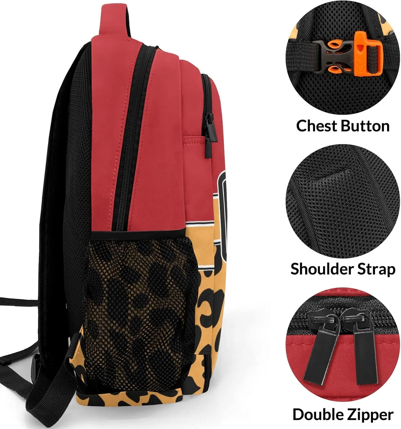 Leopard Print Red Orange Backpack Custom Name Large Capacity Shoulder Bags for Sports Party