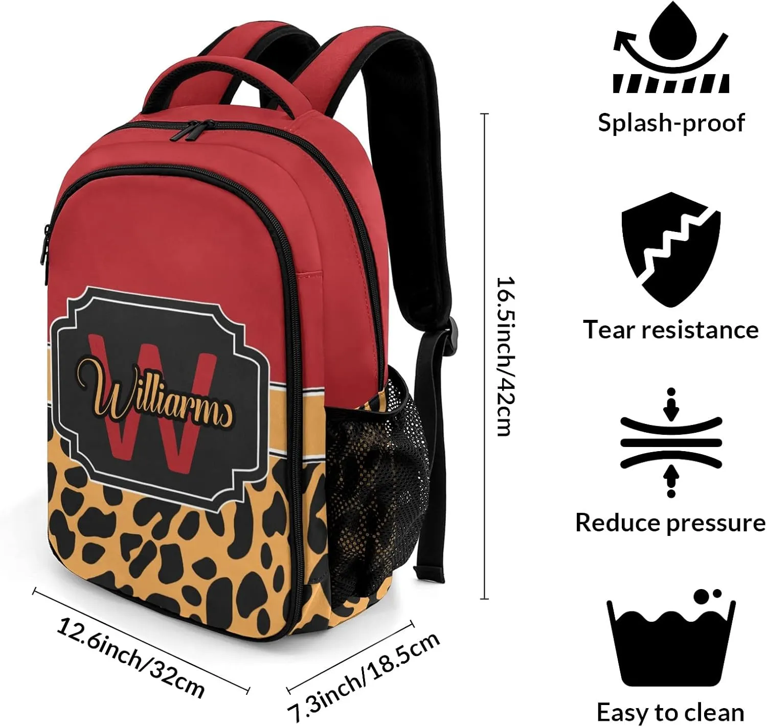 Leopard Print Red Orange Backpack Custom Name Large Capacity Shoulder Bags for Sports Party
