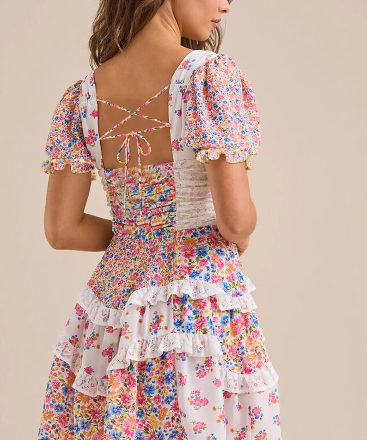LILTWIST Women Patchwork Short Floral Dress Y2k Layered Ruffle Flowy Babydoll Dress Bohomian Puff Sleeve Tiered Mini Sundress