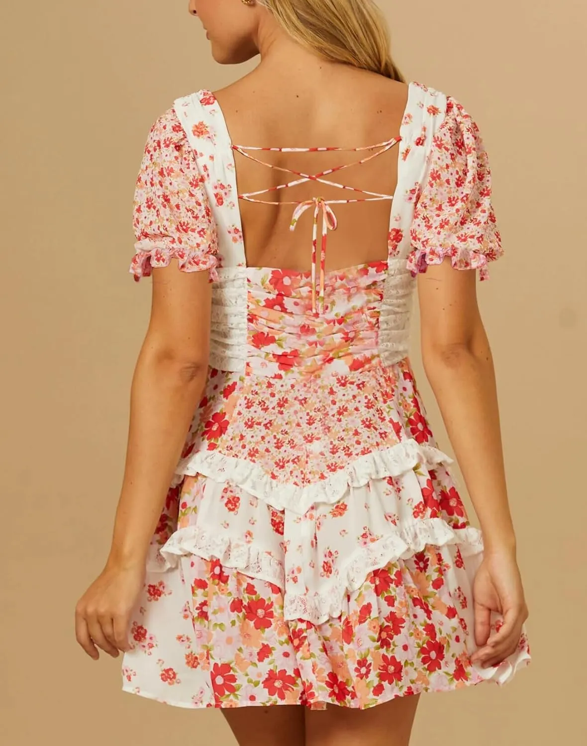 LILTWIST Women Patchwork Short Floral Dress Y2k Layered Ruffle Flowy Babydoll Dress Bohomian Puff Sleeve Tiered Mini Sundress