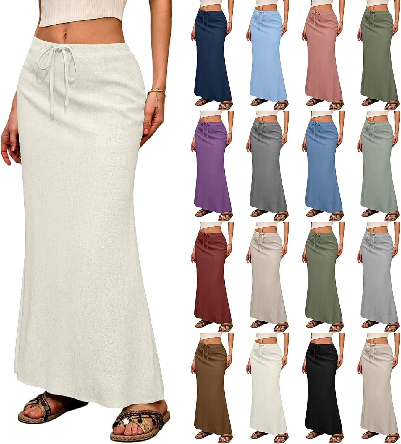 Linen Maxi Skirts for Women 2025 Boho Summer Skirt Casual Drawstring Elastic Waist A Line Long Flowy Fishtail Skirt