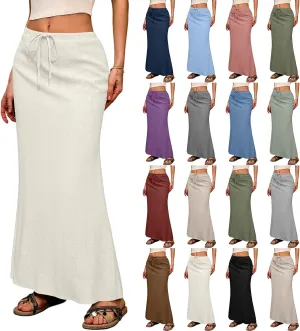 Linen Maxi Skirts for Women 2025 Boho Summer Skirt Casual Drawstring Elastic Waist A Line Long Flowy Fishtail Skirt