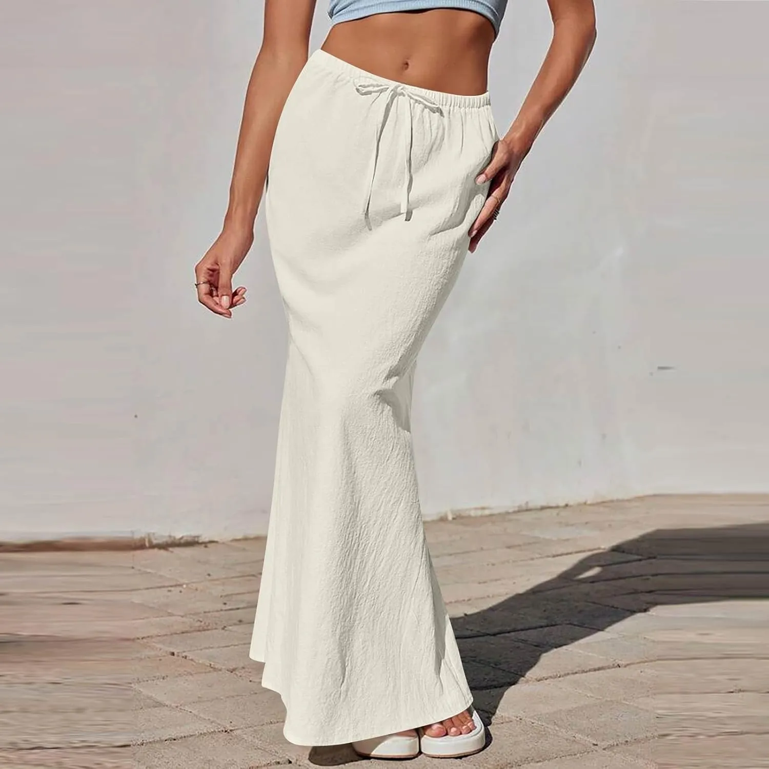 Linen Maxi Skirts for Women 2025 Boho Summer Skirt Casual Drawstring Elastic Waist A Line Long Flowy Fishtail Skirt