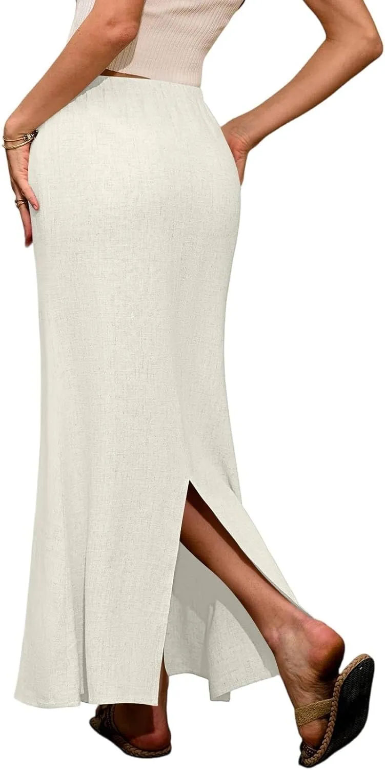 Linen Maxi Skirts for Women 2025 Boho Summer Skirt Casual Drawstring Elastic Waist A Line Long Flowy Fishtail Skirt