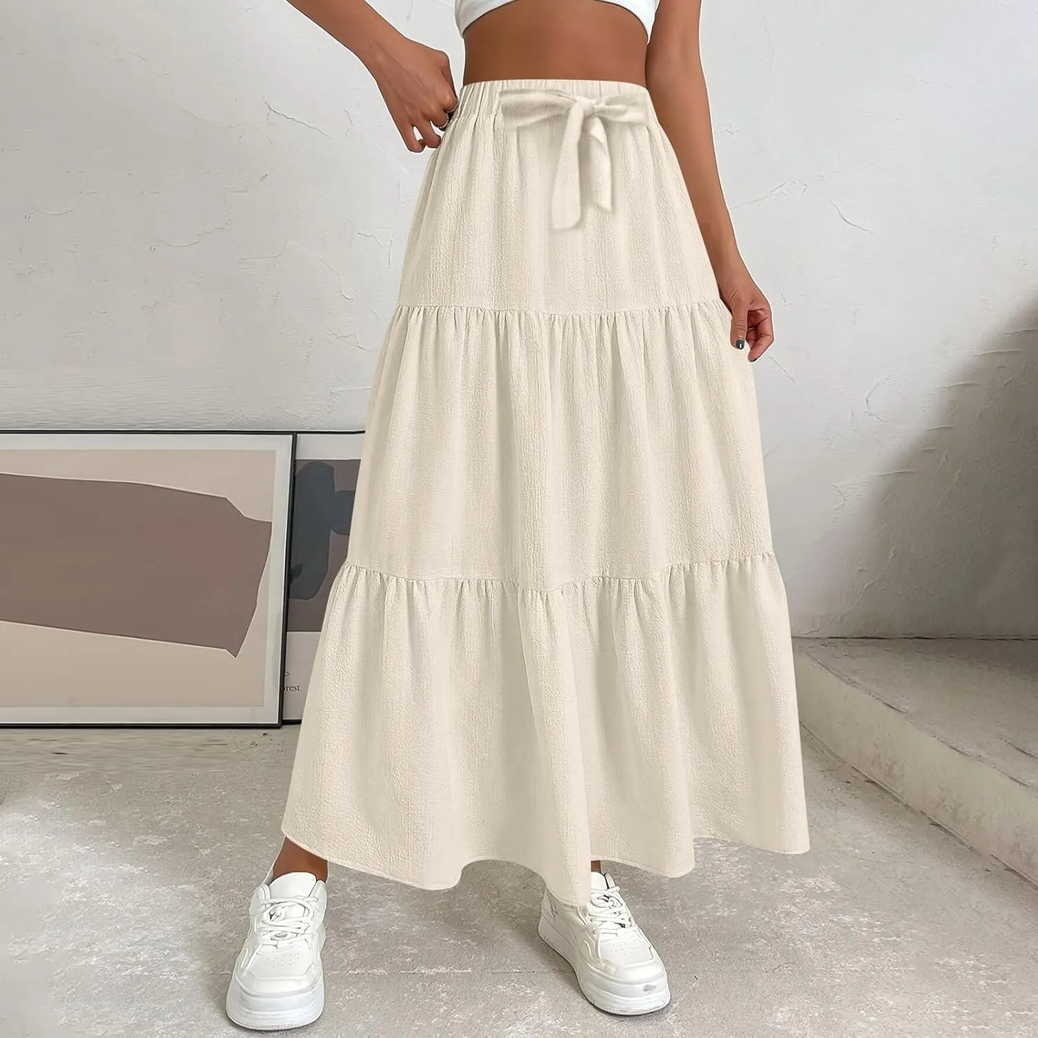 Linen Maxi Skirts for Women 2025 Summer Boho Long Flowy Skirt Bow Tie Elastic Waist Tiered Swing Pleated A Line Skirt