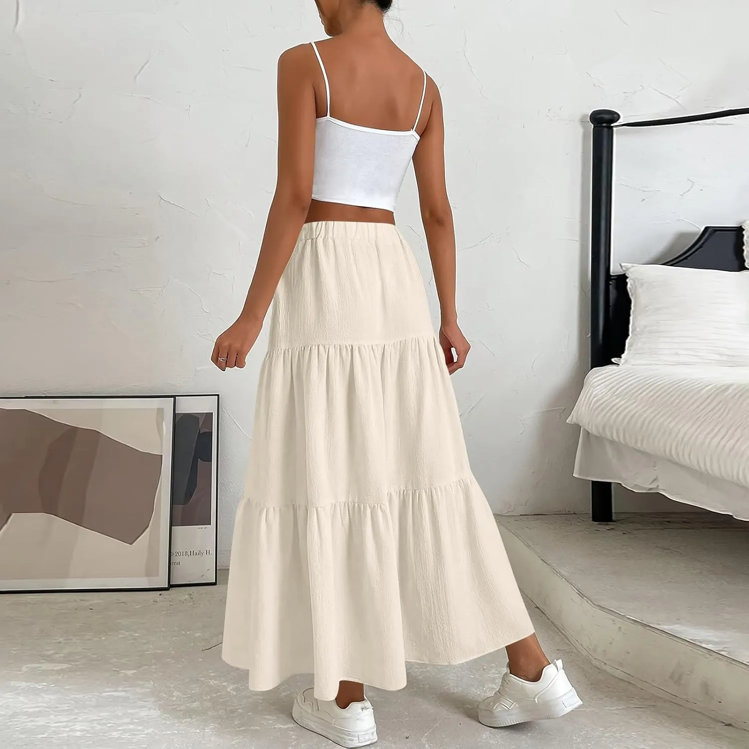Linen Maxi Skirts for Women 2025 Summer Boho Long Flowy Skirt Bow Tie Elastic Waist Tiered Swing Pleated A Line Skirt