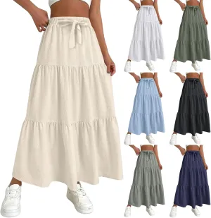 Linen Maxi Skirts for Women 2025 Summer Boho Long Flowy Skirt Bow Tie Elastic Waist Tiered Swing Pleated A Line Skirt