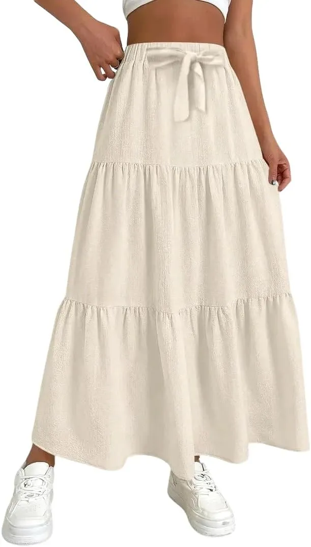 Linen Maxi Skirts for Women 2025 Summer Boho Long Flowy Skirt Bow Tie Elastic Waist Tiered Swing Pleated A Line Skirt