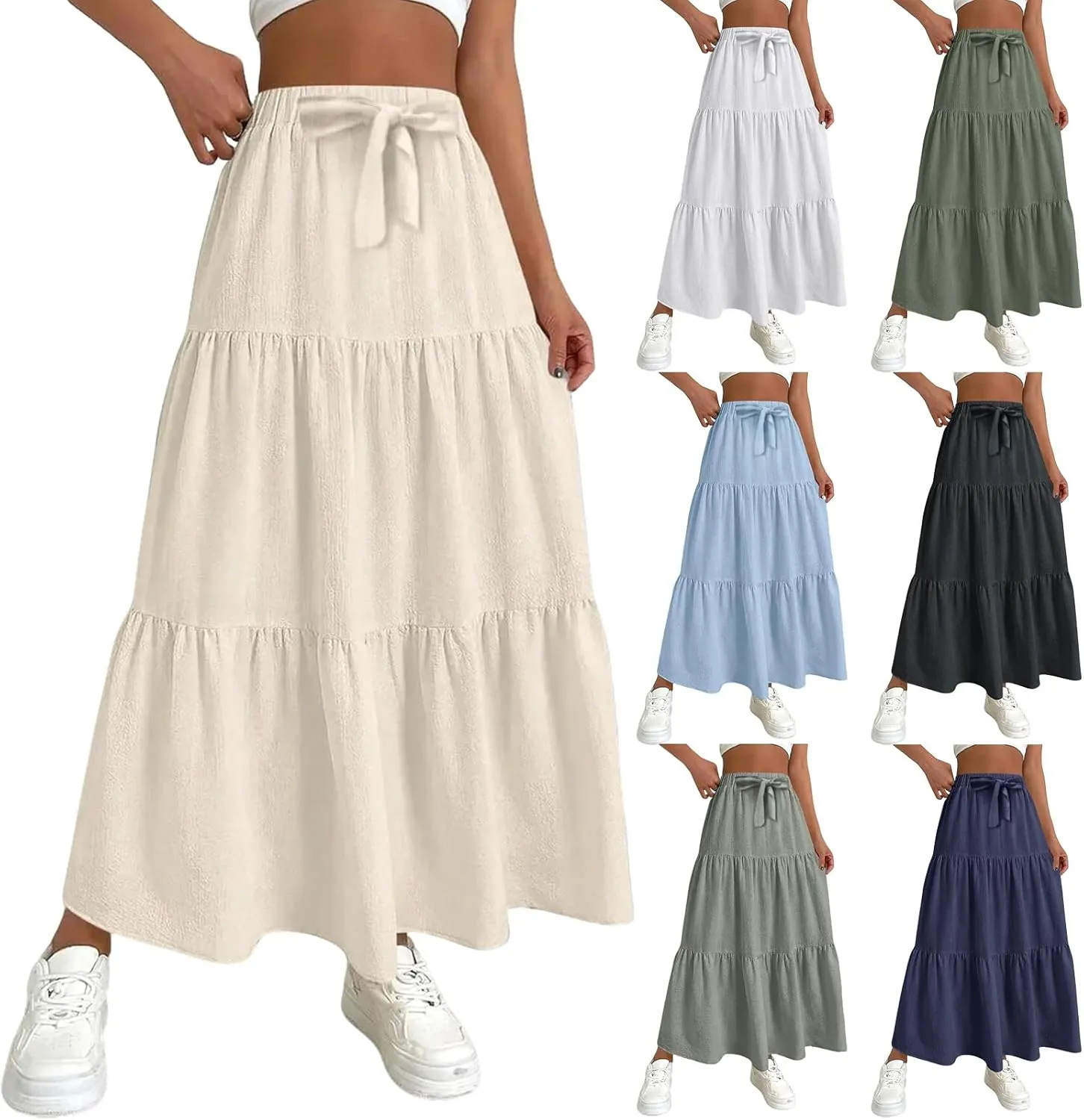 Linen Maxi Skirts for Women 2025 Summer Boho Long Flowy Skirt Bow Tie Elastic Waist Tiered Swing Pleated A Line Skirt