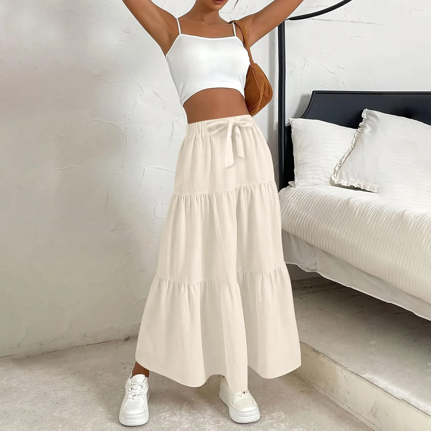 Linen Maxi Skirts for Women 2025 Summer Boho Long Flowy Skirt Bow Tie Elastic Waist Tiered Swing Pleated A Line Skirt