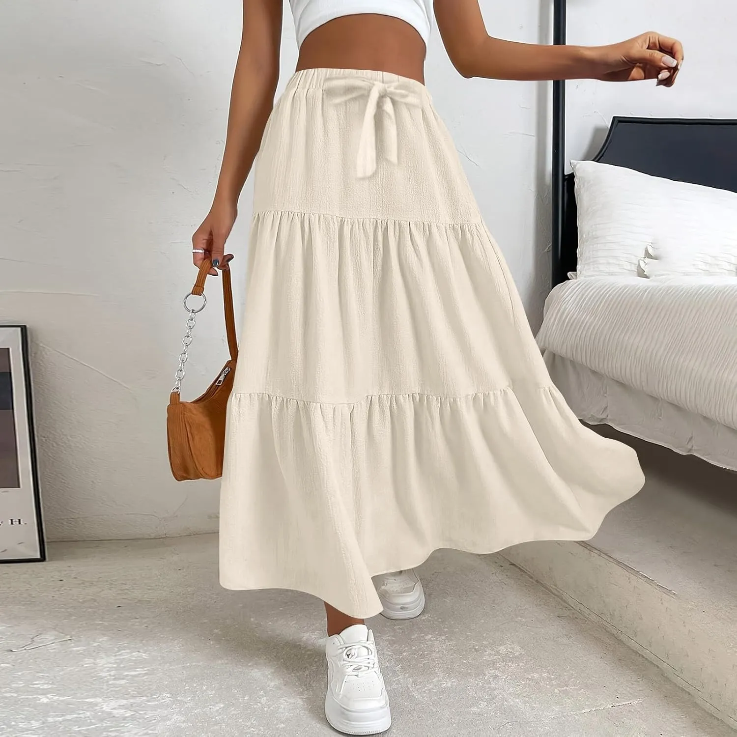 Linen Maxi Skirts for Women 2025 Summer Boho Long Flowy Skirt Bow Tie Elastic Waist Tiered Swing Pleated A Line Skirt