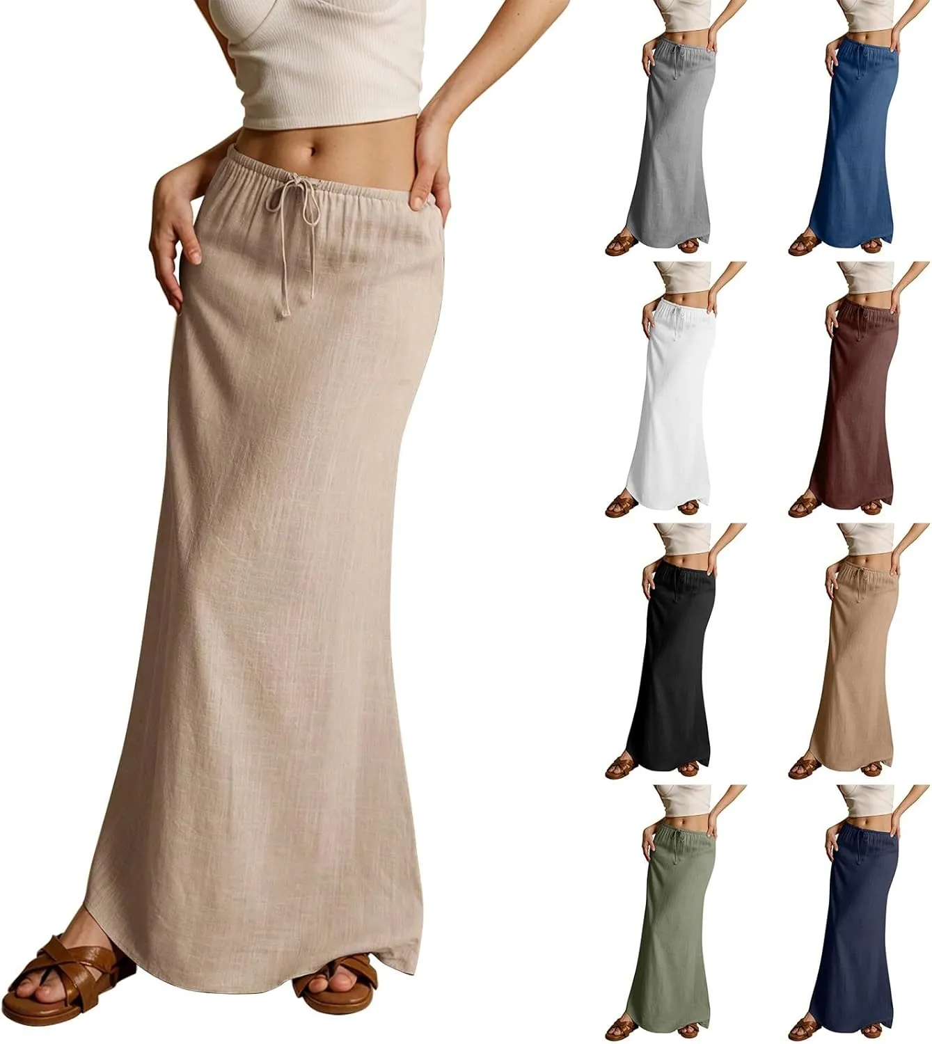 Linen Maxi Skirts for Women 2025 Summer Drawstring High Waisted Pencil Long Skirt Trendy Business Casual Outfits