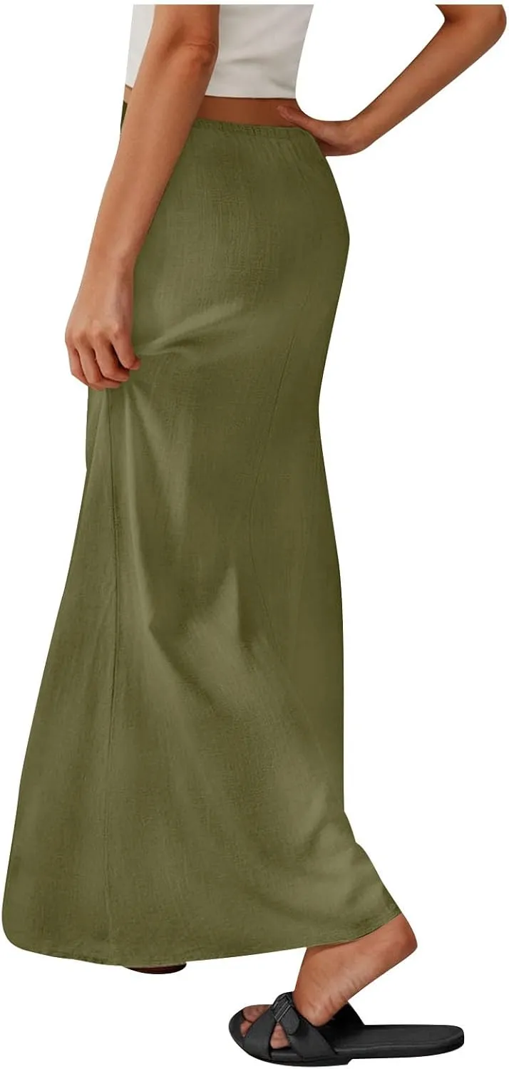 Linen Maxi Skirts for Women Comfy Drawstring Waist A Line Dresses Long Flowy Boho Vacation Skirts 2025 Summer