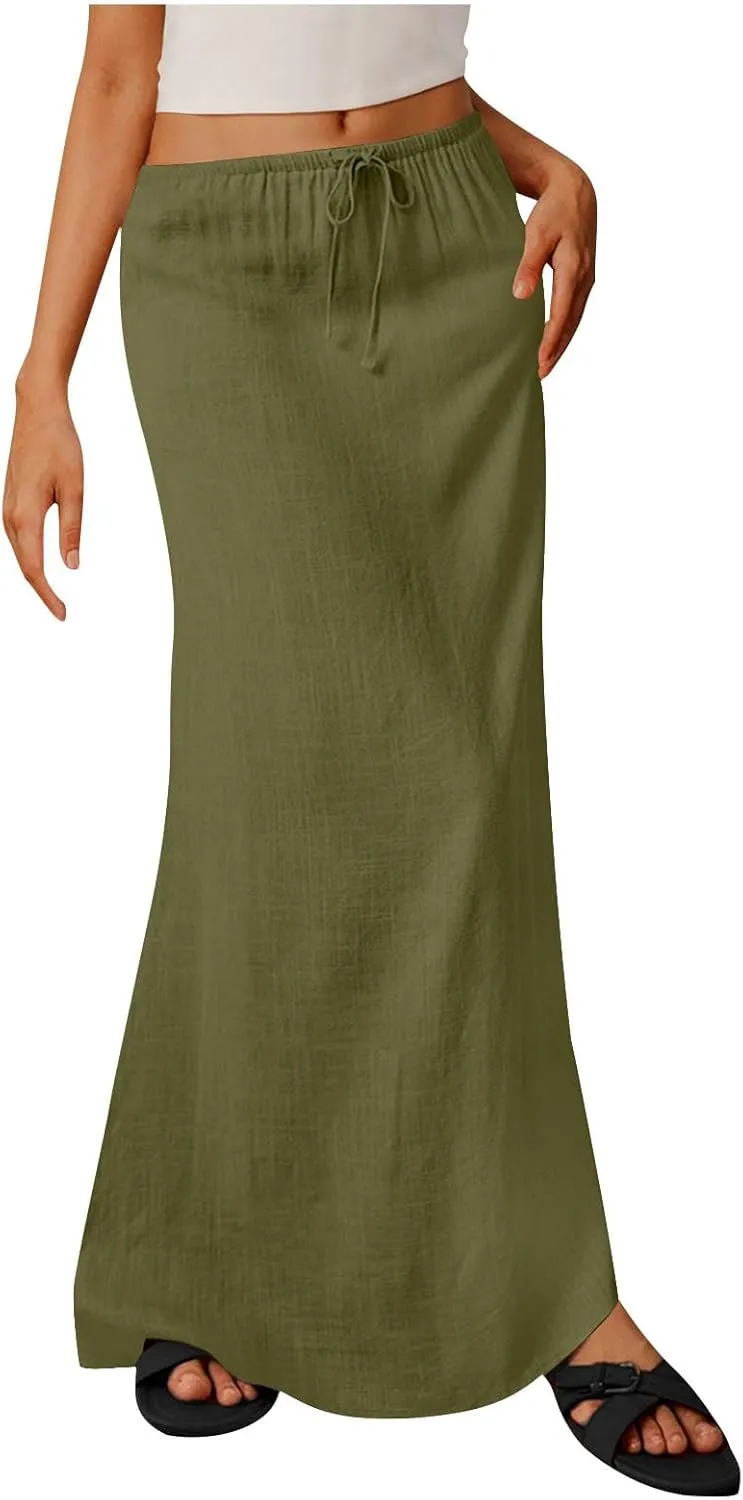 Linen Maxi Skirts for Women Comfy Drawstring Waist A Line Dresses Long Flowy Boho Vacation Skirts 2025 Summer