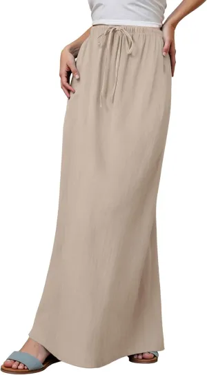 Linen Maxi Skirts for Women Drawstring High Waisted Lighweight Skirt Elastic Waisted Comfortable Straight Leg Skorts