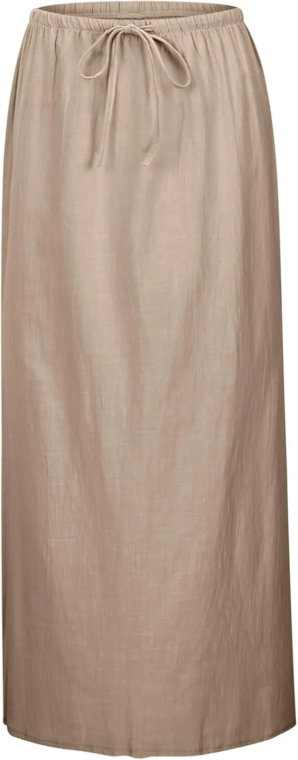 Linen Maxi Skirts for Women Drawstring High Waisted Lighweight Skirt Elastic Waisted Comfortable Straight Leg Skorts