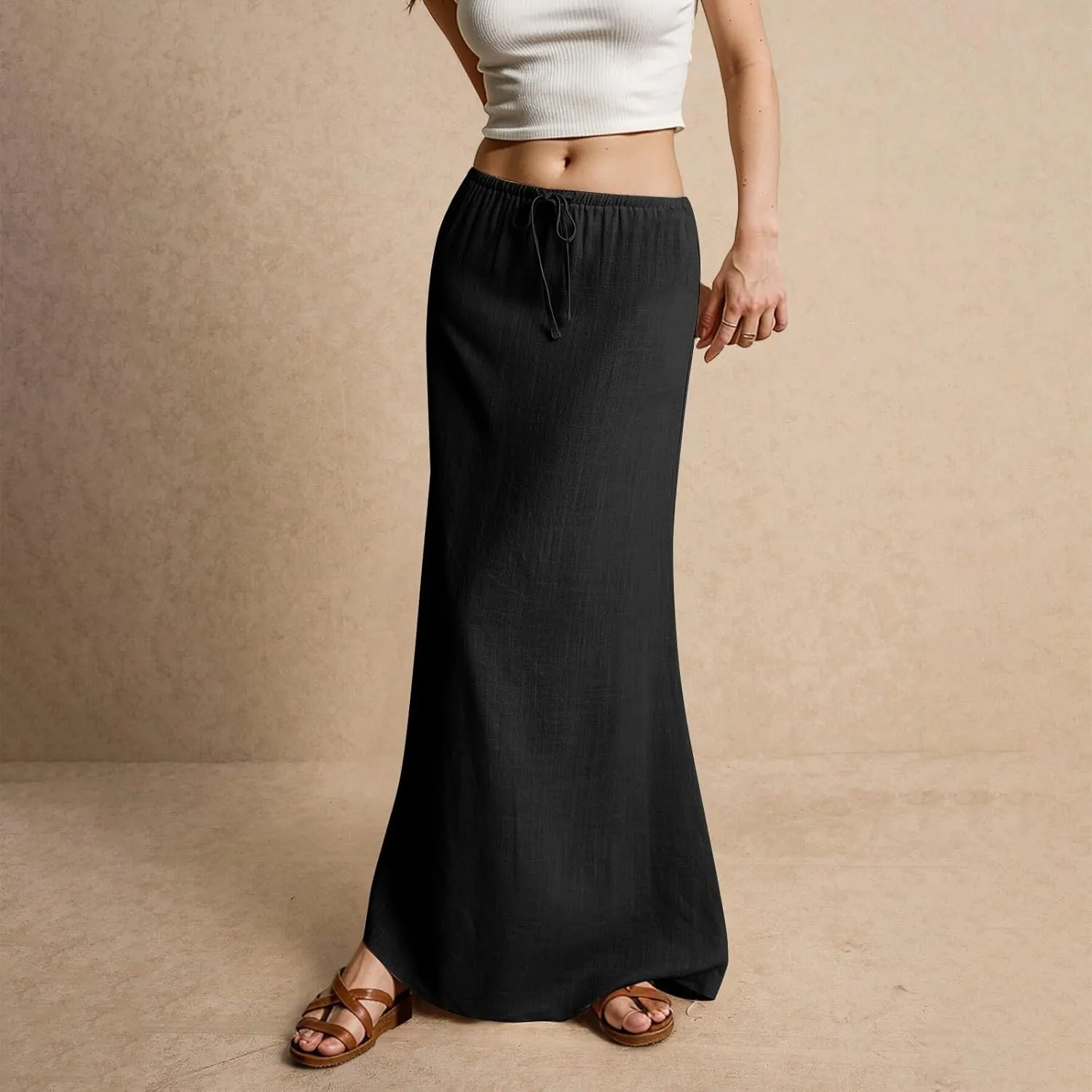 Linen Maxi Skirts for Women Summer 2025 Vacation Boho Skirt Comfy Drawstring Low Waist A Line Skirt Long Cover Ups