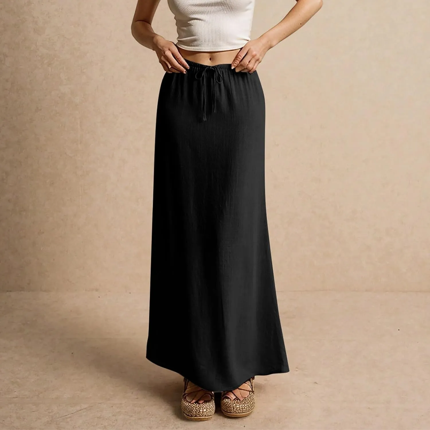 Linen Maxi Skirts for Women Summer 2025 Vacation Boho Skirt Comfy Drawstring Low Waist A Line Skirt Long Cover Ups