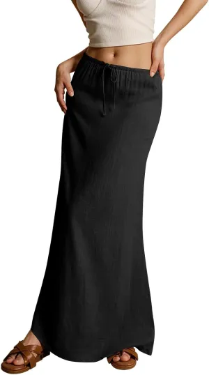 Linen Maxi Skirts for Women Summer 2025 Vacation Boho Skirt Comfy Drawstring Low Waist A Line Skirt Long Cover Ups