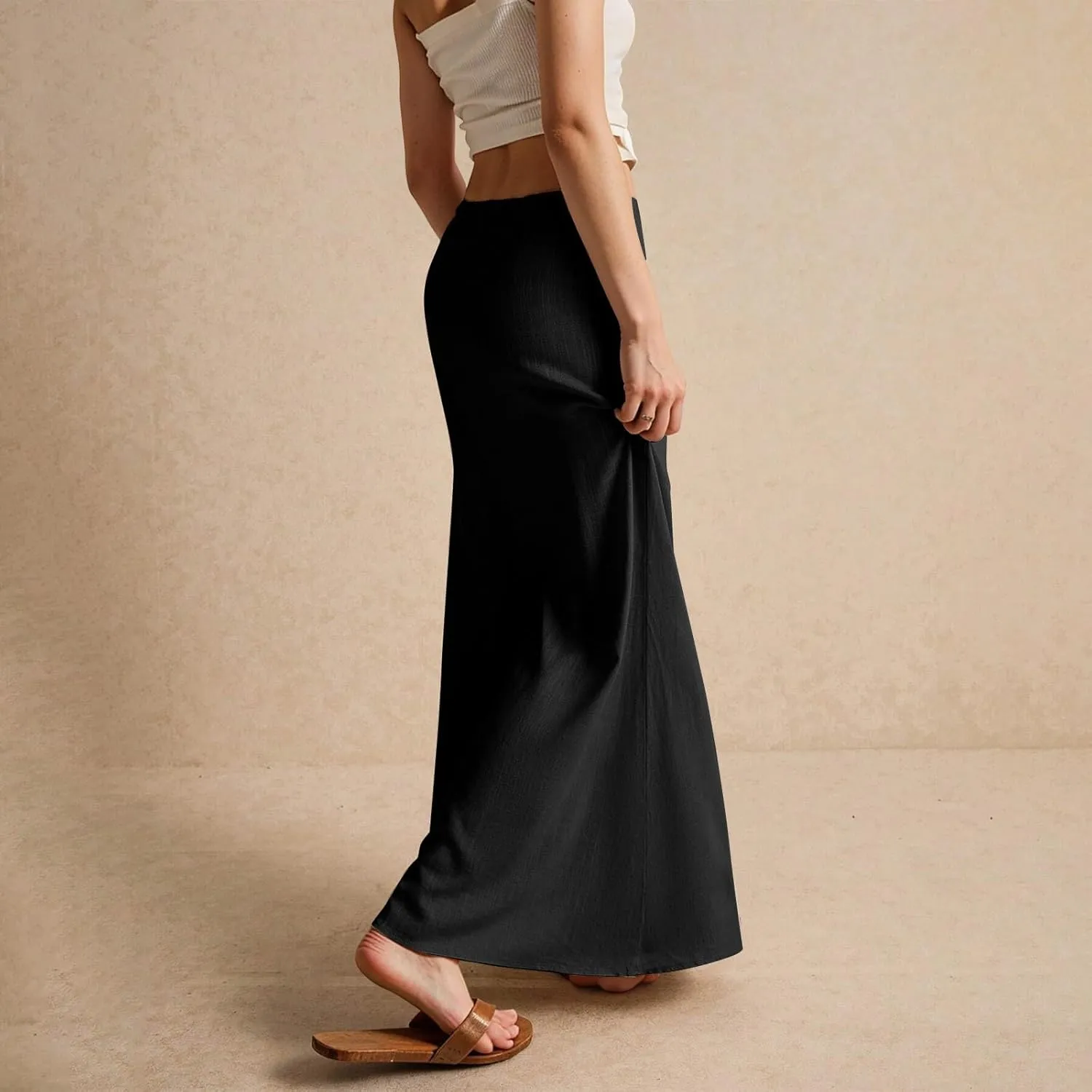 Linen Maxi Skirts for Women Summer 2025 Vacation Boho Skirt Comfy Drawstring Low Waist A Line Skirt Long Cover Ups