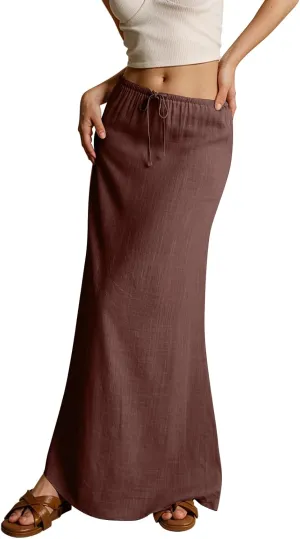 Linen Skirts for Women 2025 Summer Casual Maxi Skirt Drawstring Low Rise A-Line Flowy Boho Beach Vacation Outfits