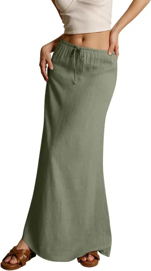 Linen Skirts for Women 2025 Summer Casual Maxi Skirt Drawstring Low Rise A-Line Flowy Boho Beach Vacation Outfits