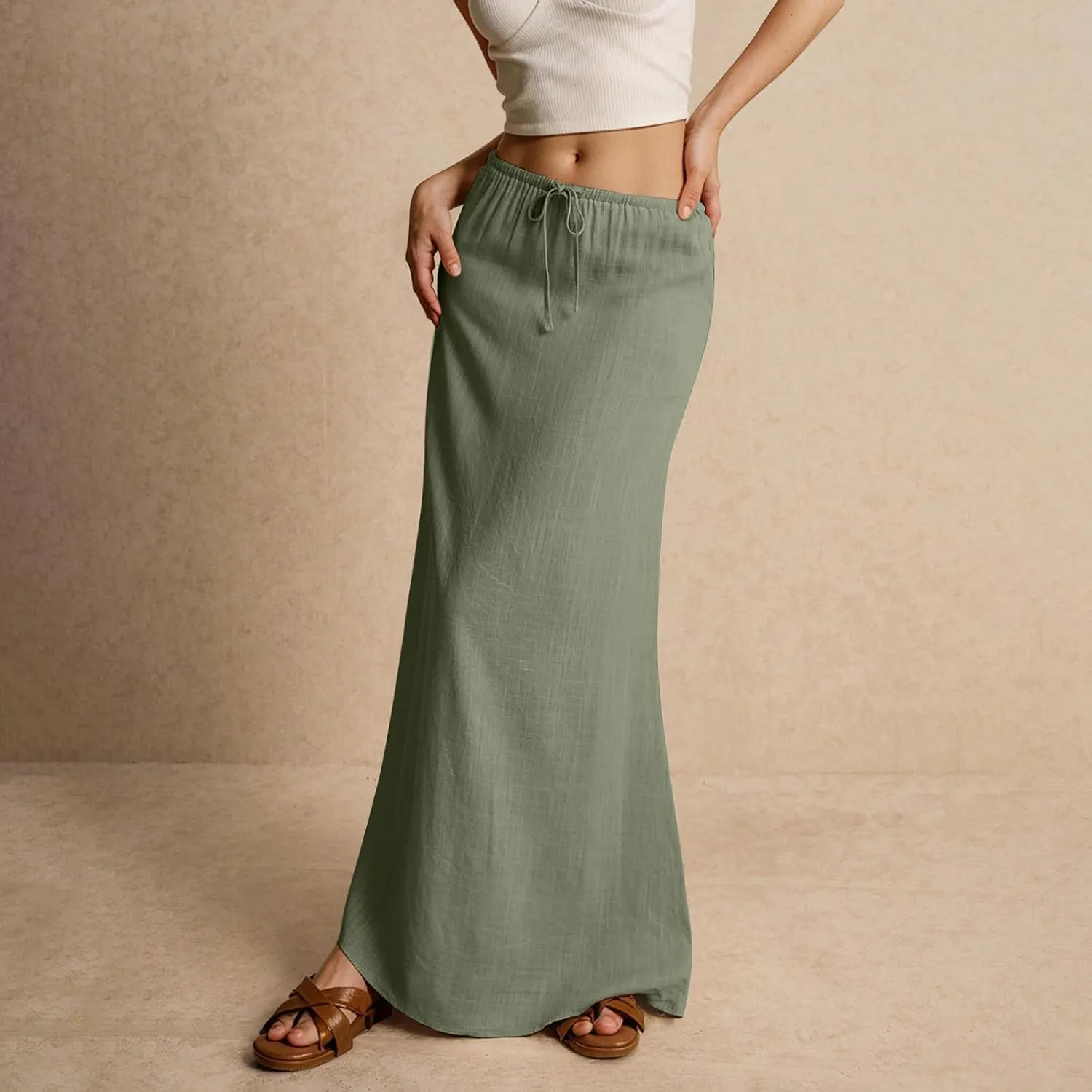 Linen Skirts for Women 2025 Summer Casual Maxi Skirt Drawstring Low Rise A-Line Flowy Boho Beach Vacation Outfits