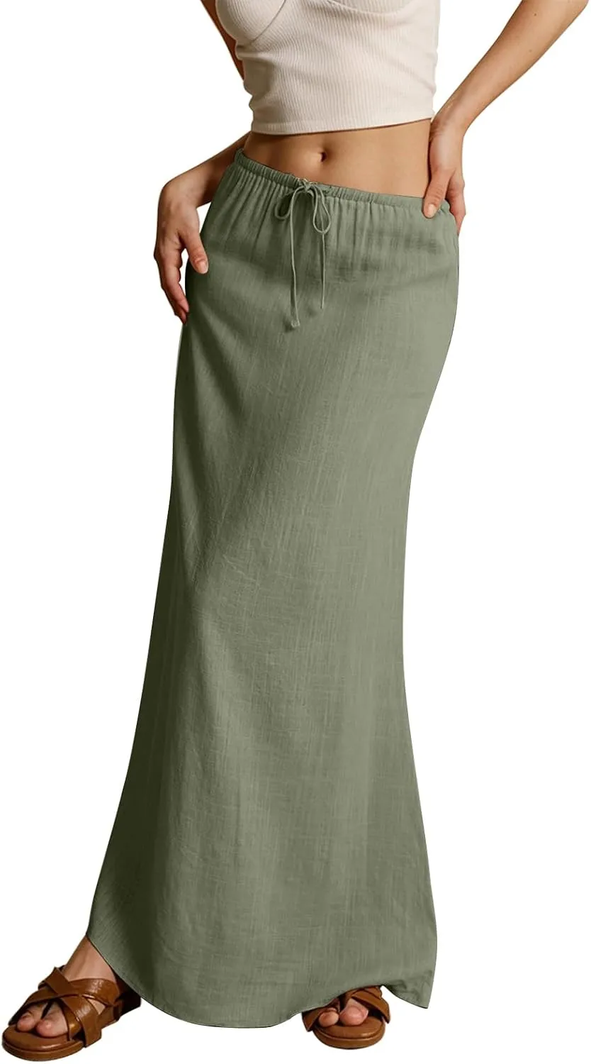 Linen Skirts for Women 2025 Summer Casual Maxi Skirt Drawstring Low Rise A-Line Flowy Boho Beach Vacation Outfits