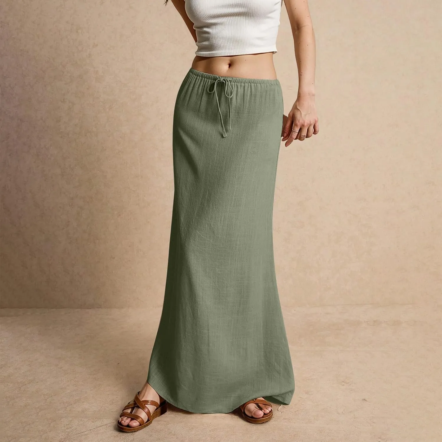 Linen Skirts for Women 2025 Summer Casual Maxi Skirt Drawstring Low Rise A-Line Flowy Boho Beach Vacation Outfits