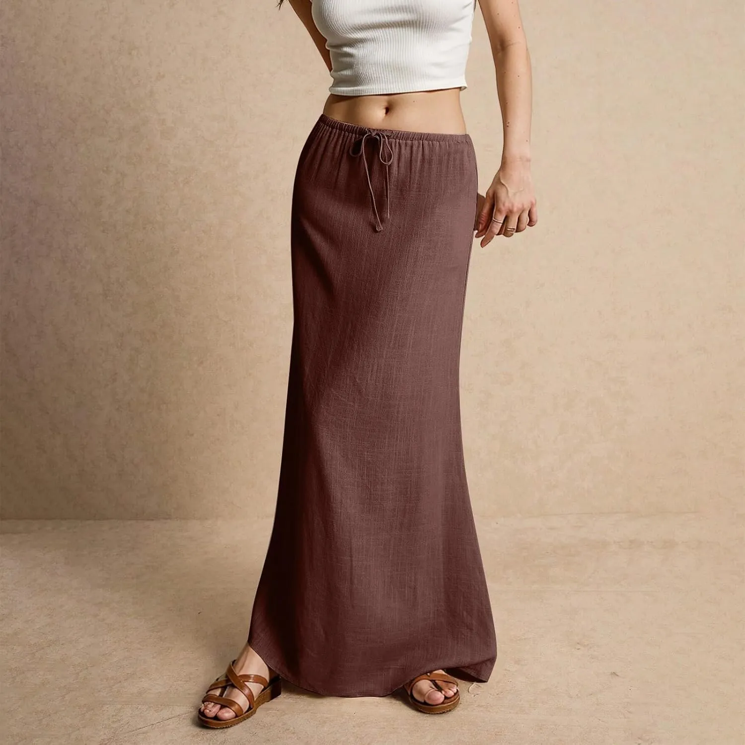Linen Skirts for Women 2025 Summer Casual Maxi Skirt Drawstring Low Rise A-Line Flowy Boho Beach Vacation Outfits