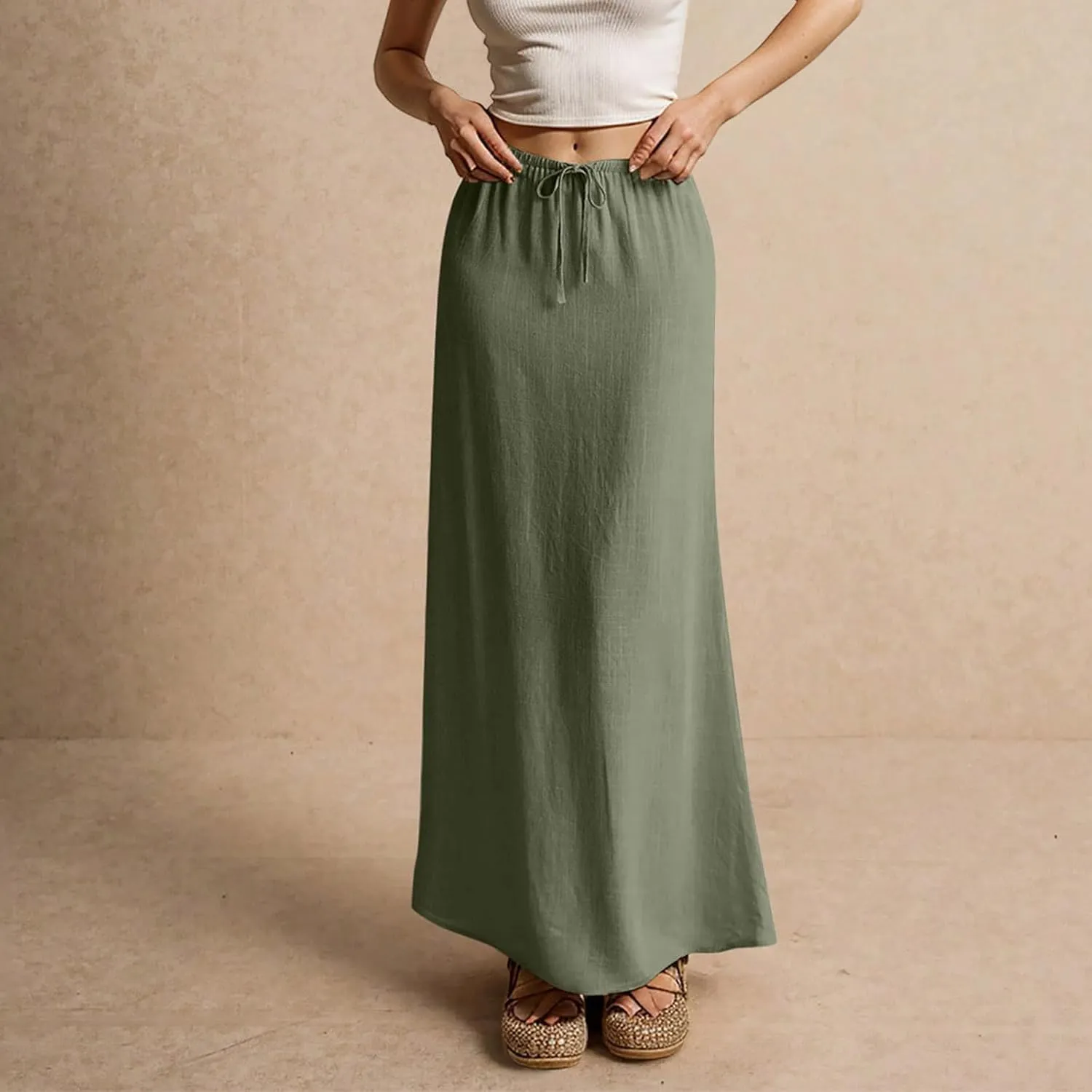 Linen Skirts for Women 2025 Summer Casual Maxi Skirt Drawstring Low Rise A-Line Flowy Boho Beach Vacation Outfits