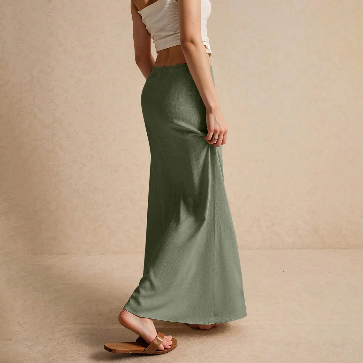 Linen Skirts for Women 2025 Summer Casual Maxi Skirt Drawstring Low Rise A-Line Flowy Boho Beach Vacation Outfits