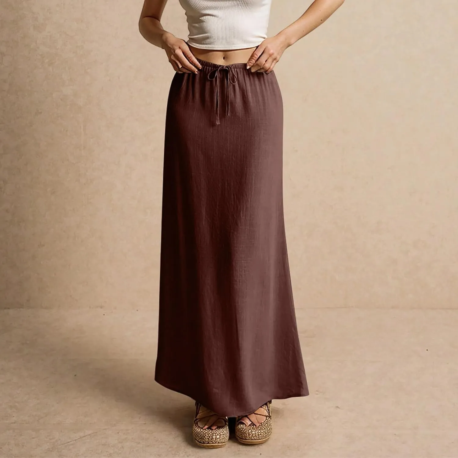 Linen Skirts for Women 2025 Summer Casual Maxi Skirt Drawstring Low Rise A-Line Flowy Boho Beach Vacation Outfits
