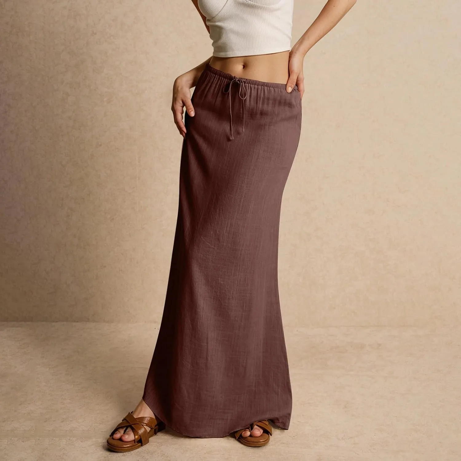 Linen Skirts for Women 2025 Summer Casual Maxi Skirt Drawstring Low Rise A-Line Flowy Boho Beach Vacation Outfits