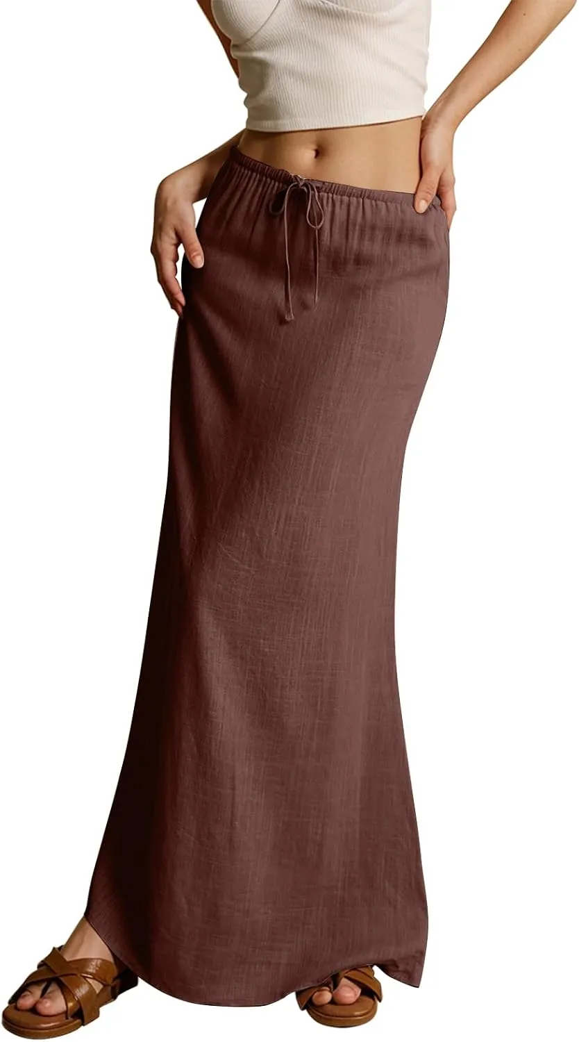Linen Skirts for Women 2025 Summer Casual Maxi Skirt Drawstring Low Rise A-Line Flowy Boho Beach Vacation Outfits