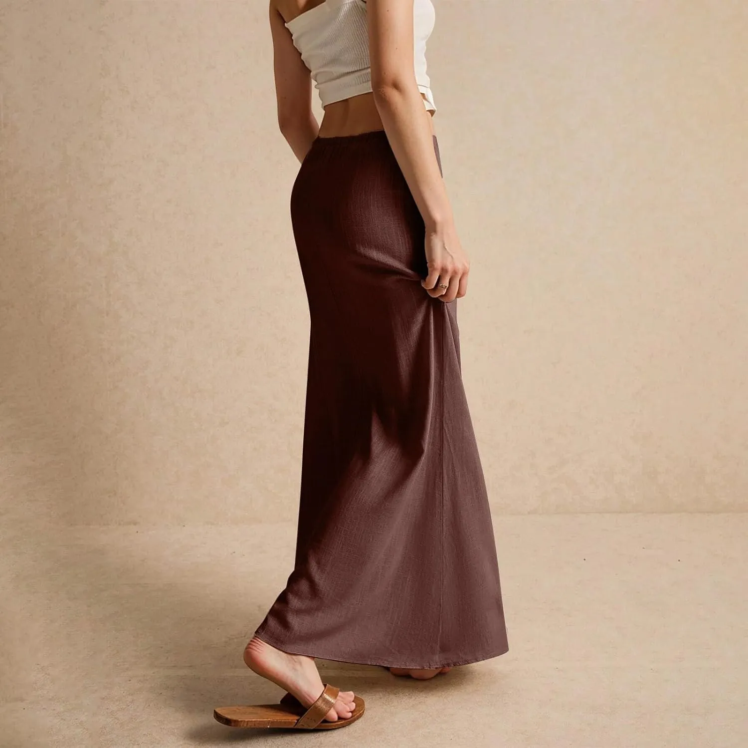Linen Skirts for Women 2025 Summer Casual Maxi Skirt Drawstring Low Rise A-Line Flowy Boho Beach Vacation Outfits