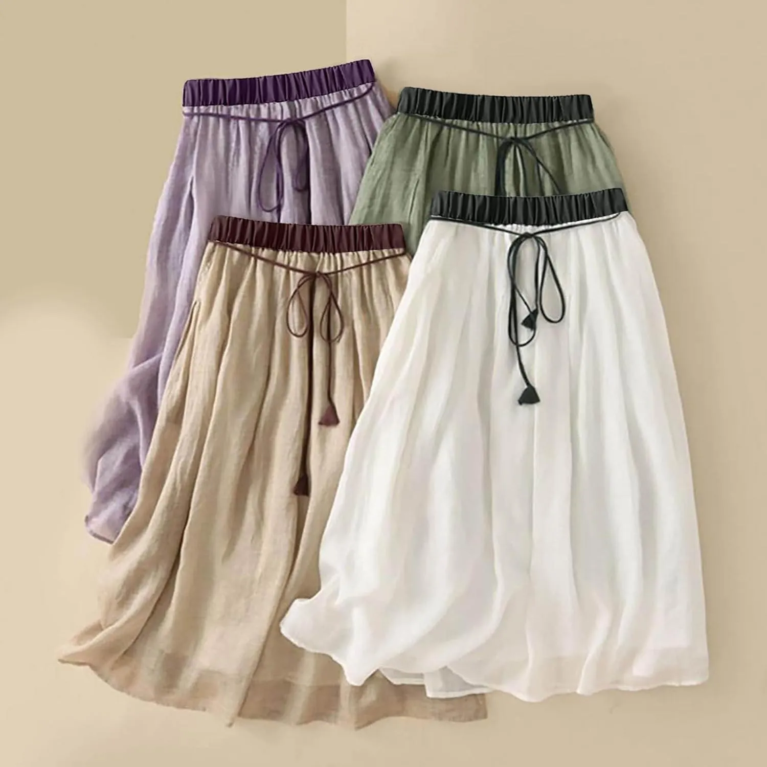 Linen Skirts for Women Bohemian Style Midi Skirt 2024 Trendy Casual Summer Skirts Elastic Waist Pleated Skirts