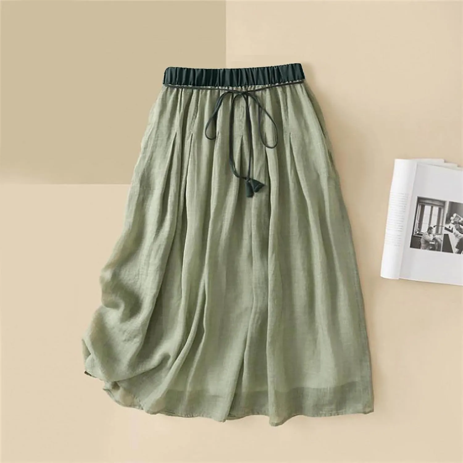 Linen Skirts for Women Bohemian Style Midi Skirt 2024 Trendy Casual Summer Skirts Elastic Waist Pleated Skirts