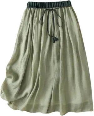 Linen Skirts for Women Bohemian Style Midi Skirt 2024 Trendy Casual Summer Skirts Elastic Waist Pleated Skirts