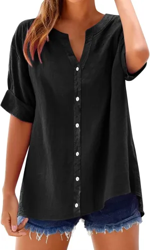Linen Tops for Women 2025 Summer Button Down V Neck Shirts Casual Short Sleeve Loose Tshirt Cotton Linen Blouse Tees