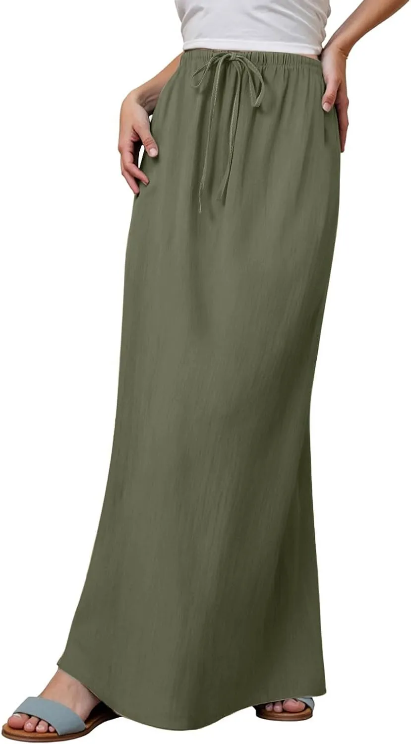 Long Linen Skirts for Women Drawstring High Waisteummer Boho A Line Maxi Skirt Flowy Vacation Casual Skorts