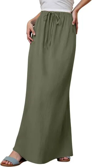Long Linen Skirts for Women Drawstring High Waisteummer Boho A Line Maxi Skirt Flowy Vacation Casual Skorts