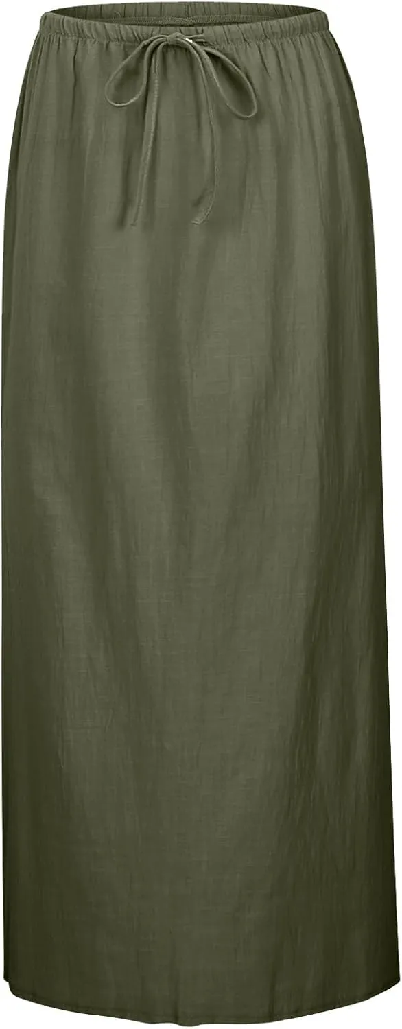 Long Linen Skirts for Women Drawstring High Waisteummer Boho A Line Maxi Skirt Flowy Vacation Casual Skorts