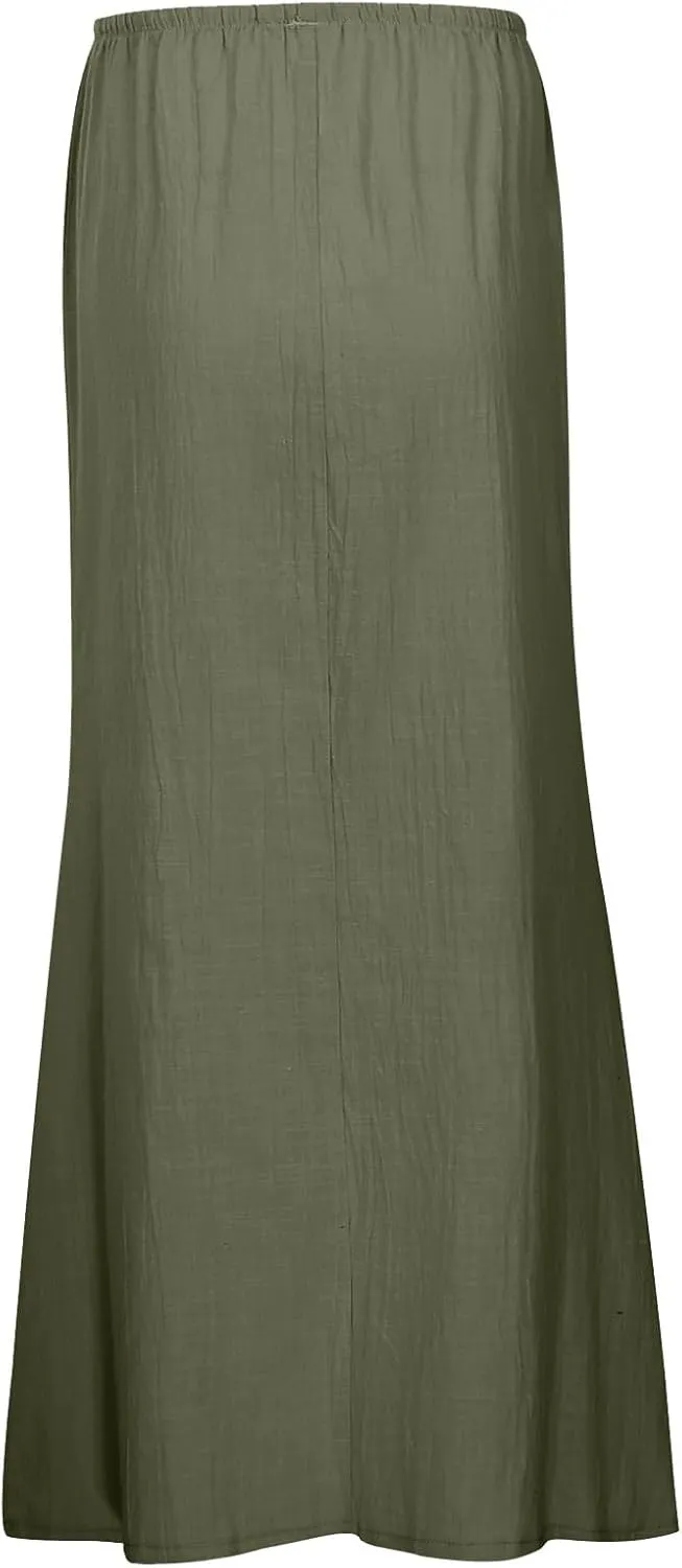 Long Linen Skirts for Women Drawstring High Waisteummer Boho A Line Maxi Skirt Flowy Vacation Casual Skorts