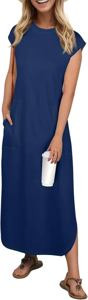 Long Maxi Dress for Women Casual Loose Hide Belly Sundress Plus Size Bohemian Sundresses Beach Dress with Pockets