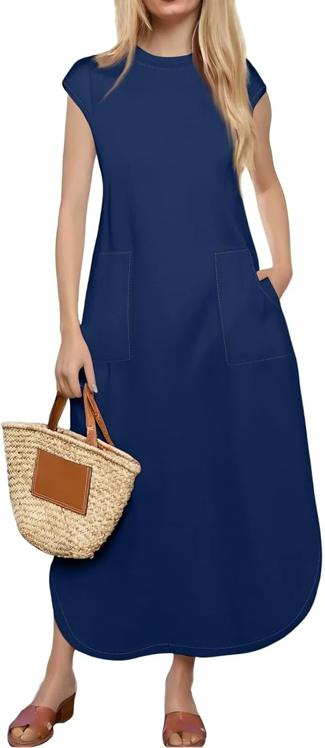 Long Maxi Dress for Women Casual Loose Hide Belly Sundress Plus Size Bohemian Sundresses Beach Dress with Pockets