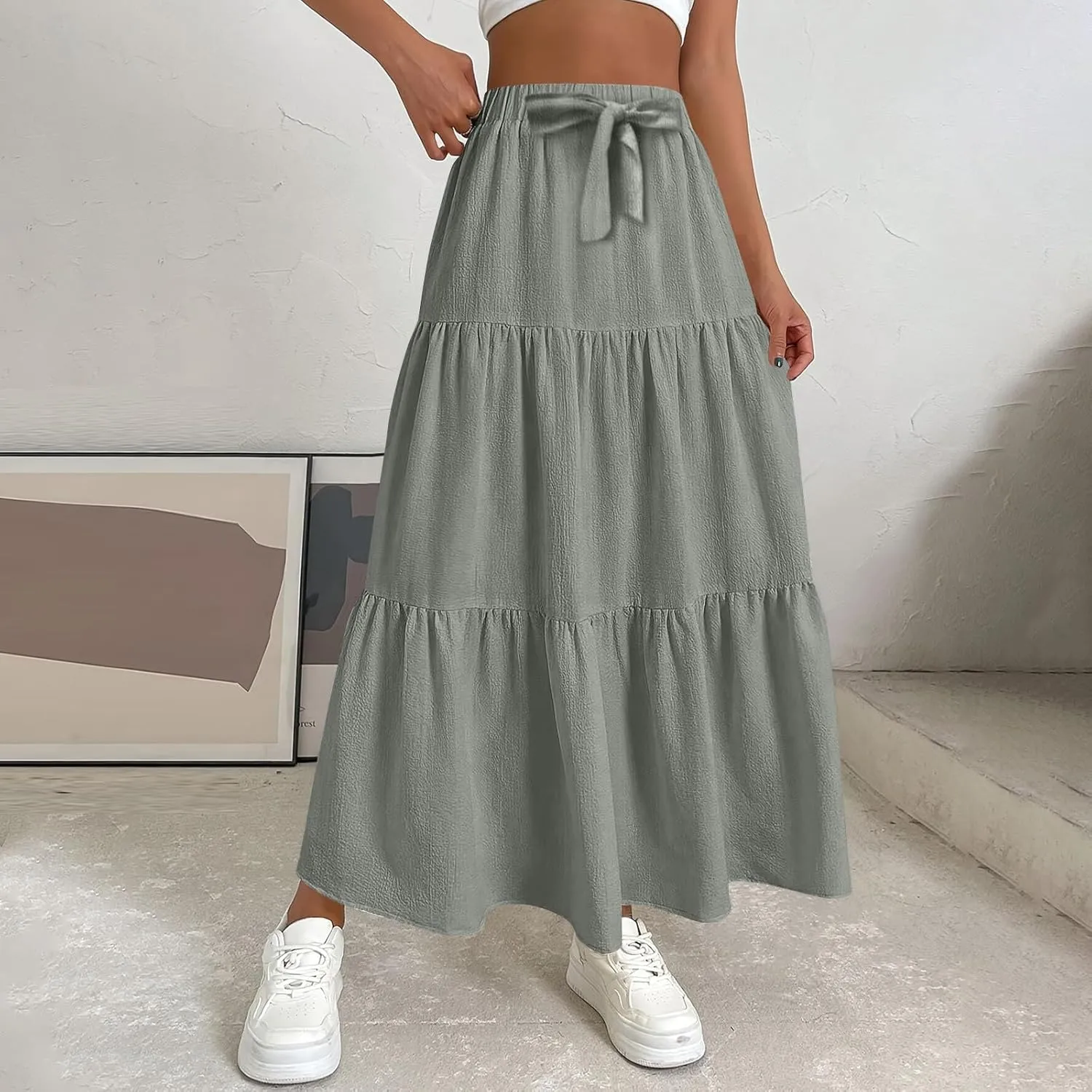 Long Skirts for Women Trendy High Waisted Tiered A Line Linen Skirt Casual Flowy Pleated Beach Maxi Skirts with Tie